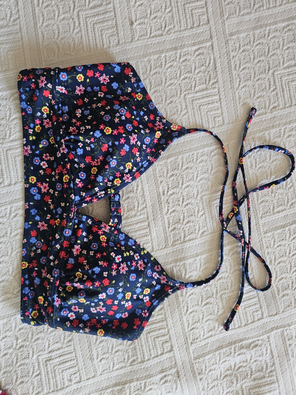 GAP Navy Floral Tie-Back Bikini Top with Pink, Yellow & Blue Accents